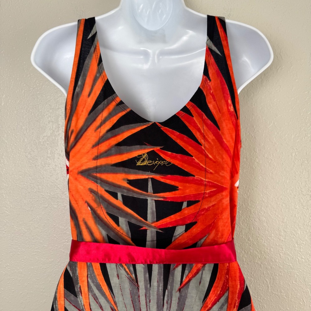 Desigual Geometric Studded A-Line Dress Orange Red Black Sleeveless tie M - Picture 7 of 9